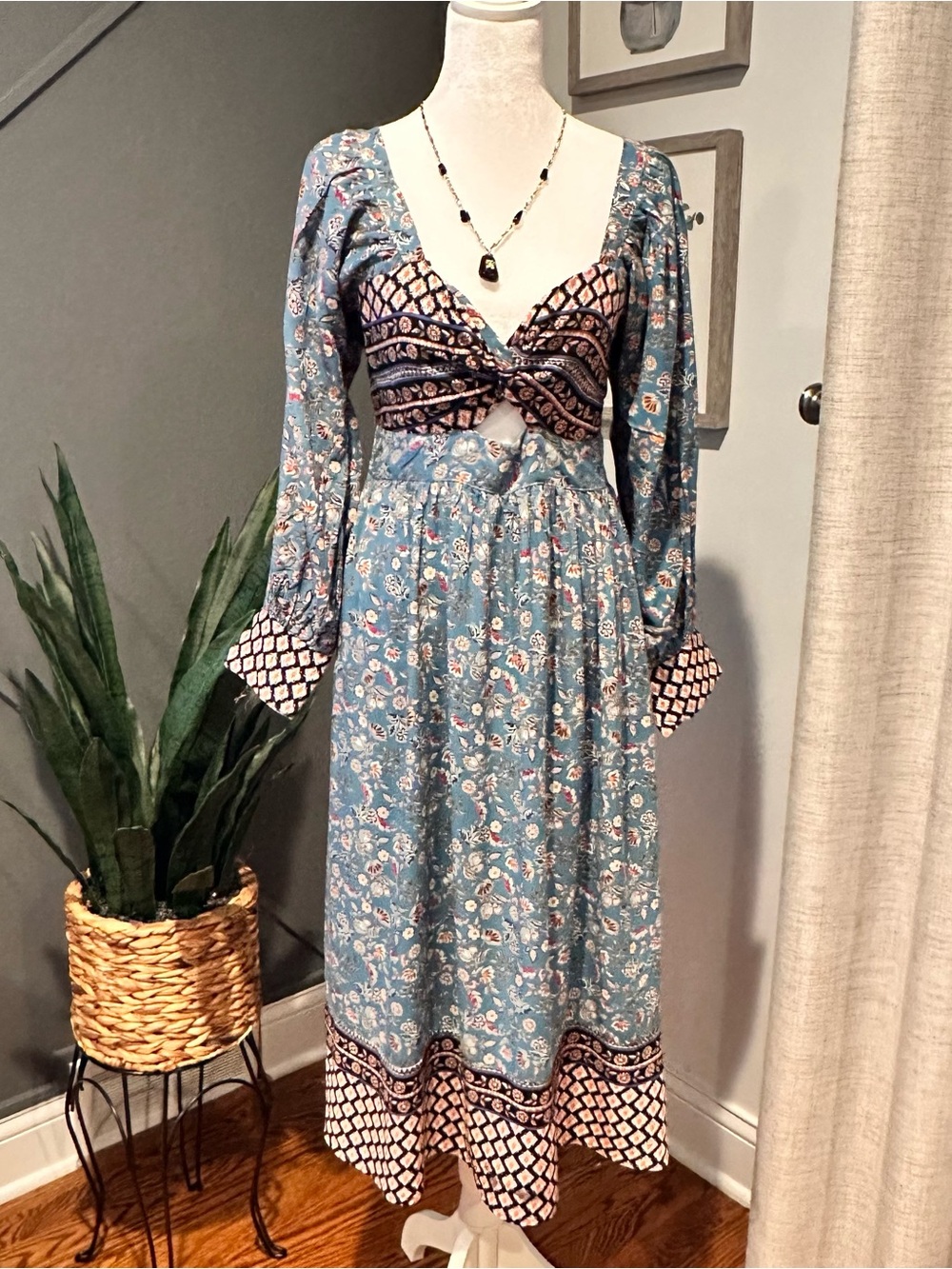 Angie Teal boho Floral Midi Dress with Geometric Trim and Front Tie